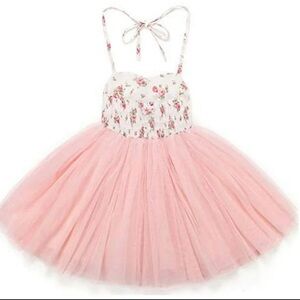 Floral Tulle Pink Girls Halter Top Cotton Balletcore Party Dress